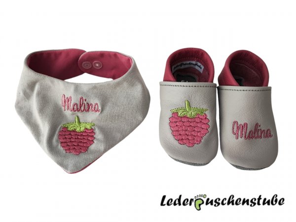 Set Lederpuschen Halstuch mit Namen altrosa und Himbeere